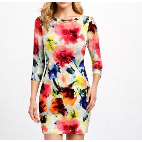 ABS Allen Schwartz Dresses & Skirts - ABS Allen Schwartz Mini Dress Floral Bodycon Colorful Stretch 3/4 Sleeve Size XS